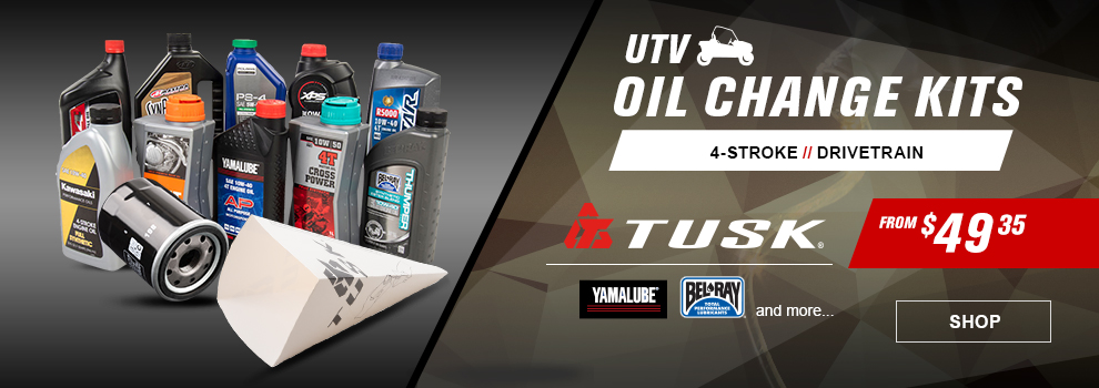 UTV Oil Change Kits, 4-stroke, drivetrain, from fourty nine dollars and thirty five cents, tusk, yamalube, bel-ray and more... Shop button